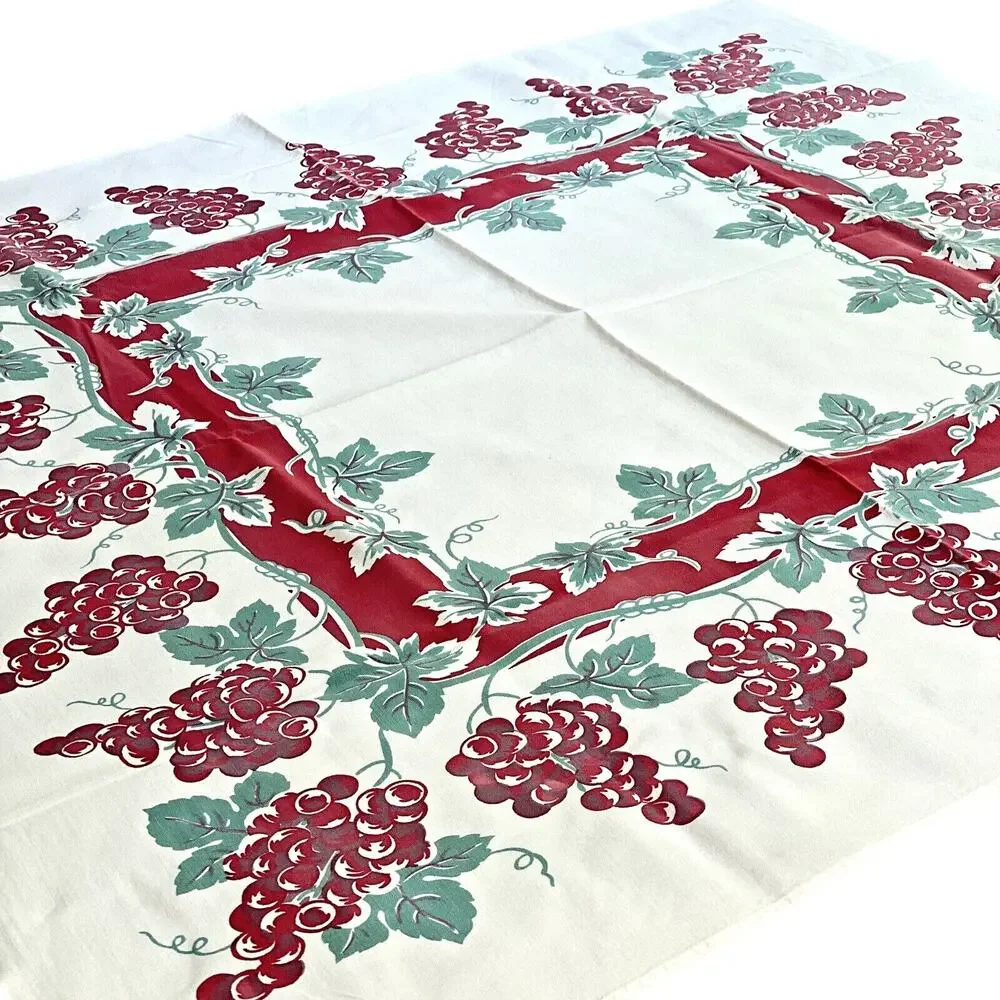 Vintage Mid Century Printed Cotton Tablecloth Red & Mint Green Grapevine Border